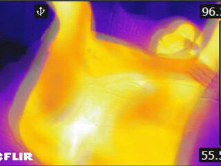 We play with a FLIR thermal imager and he blows a HOT load on my tits after BJ