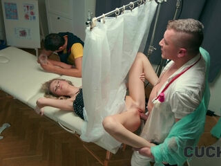 Hot slender girl comes to her gyno checkup with her husband and gets fucked by her doctor while her hubby is watching in shame